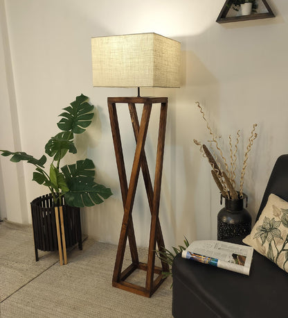 Panic Wooden Floor Lamp with Brown Base and Beige Fabric Lampshade