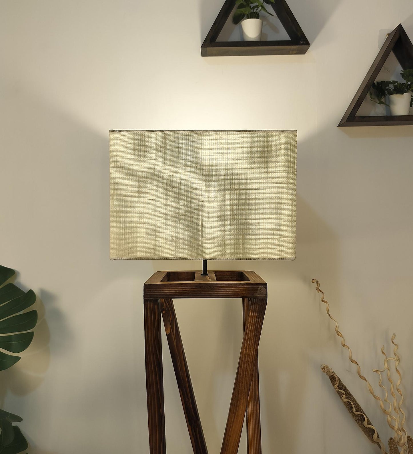 Panic Wooden Floor Lamp with Brown Base and Beige Fabric Lampshade