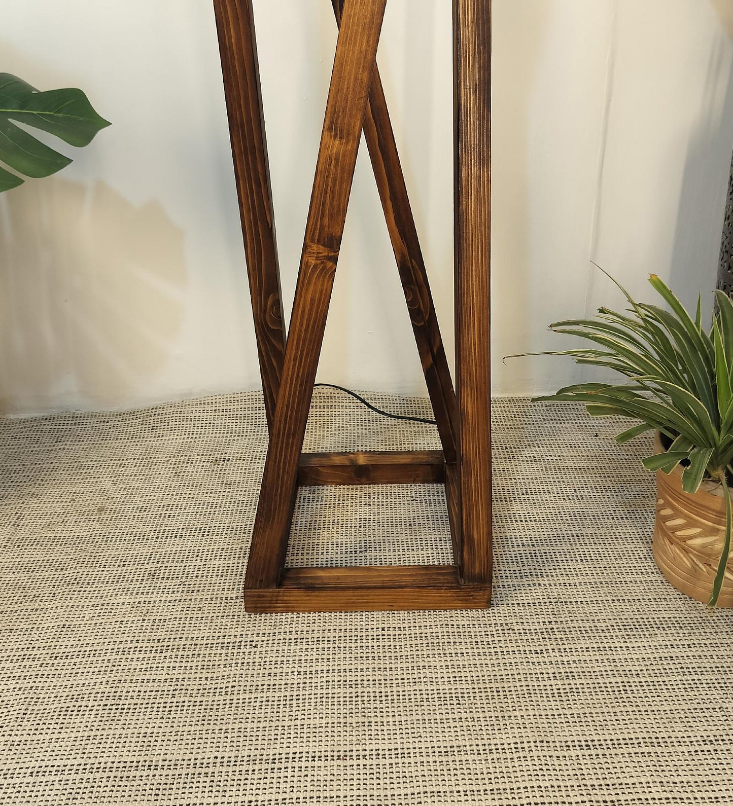 Panic Wooden Floor Lamp with Brown Base and Beige Fabric Lampshade