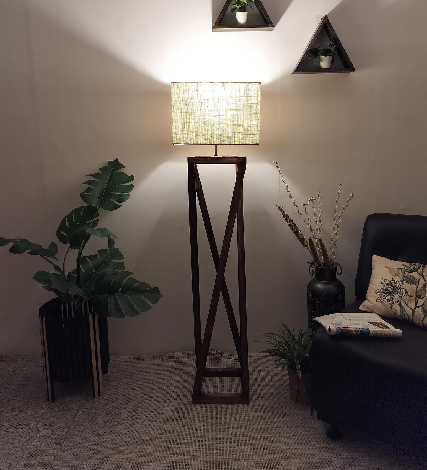 Panic Wooden Floor Lamp with Brown Base and Beige Fabric Lampshade