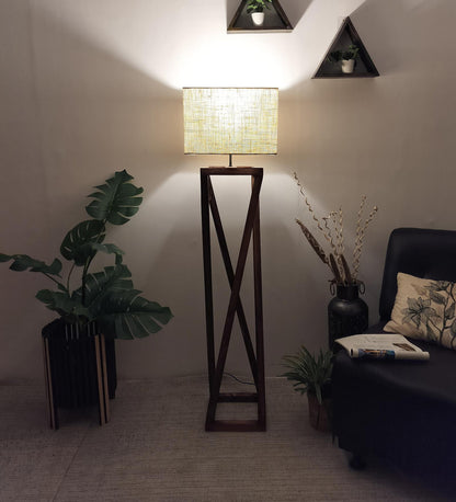 Panic Wooden Floor Lamp with Brown Base and Beige Fabric Lampshade