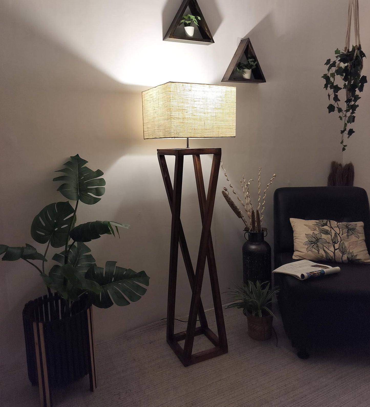 Panic Wooden Floor Lamp with Brown Base and Beige Fabric Lampshade