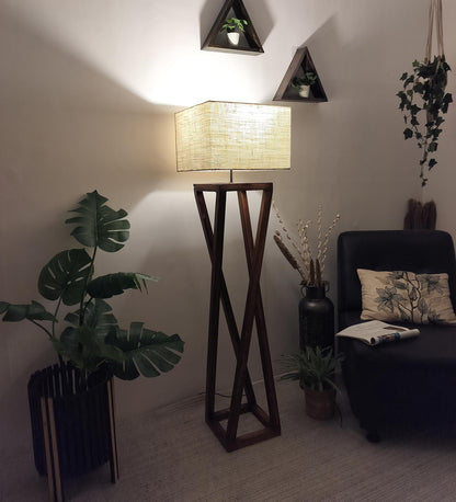 Panic Wooden Floor Lamp with Brown Base and Beige Fabric Lampshade