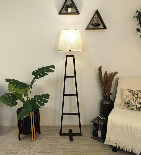 Tulip Wooden Floor Lamp with Brown Base and Beige Fabric Lampshade