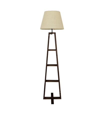 Tulip Wooden Floor Lamp with Brown Base and Beige Fabric Lampshade