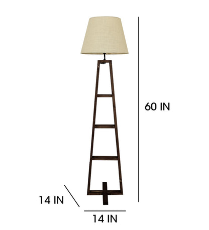 Tulip Wooden Floor Lamp with Brown Base and Beige Fabric Lampshade
