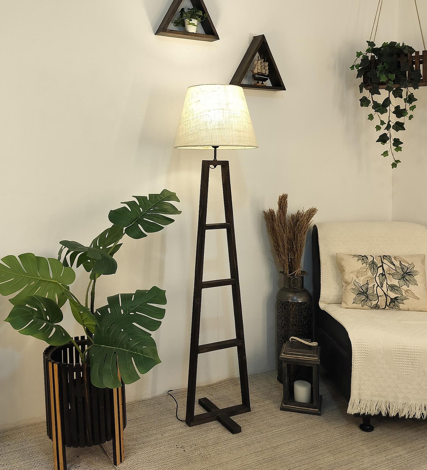Tulip Wooden Floor Lamp with Brown Base and Beige Fabric Lampshade