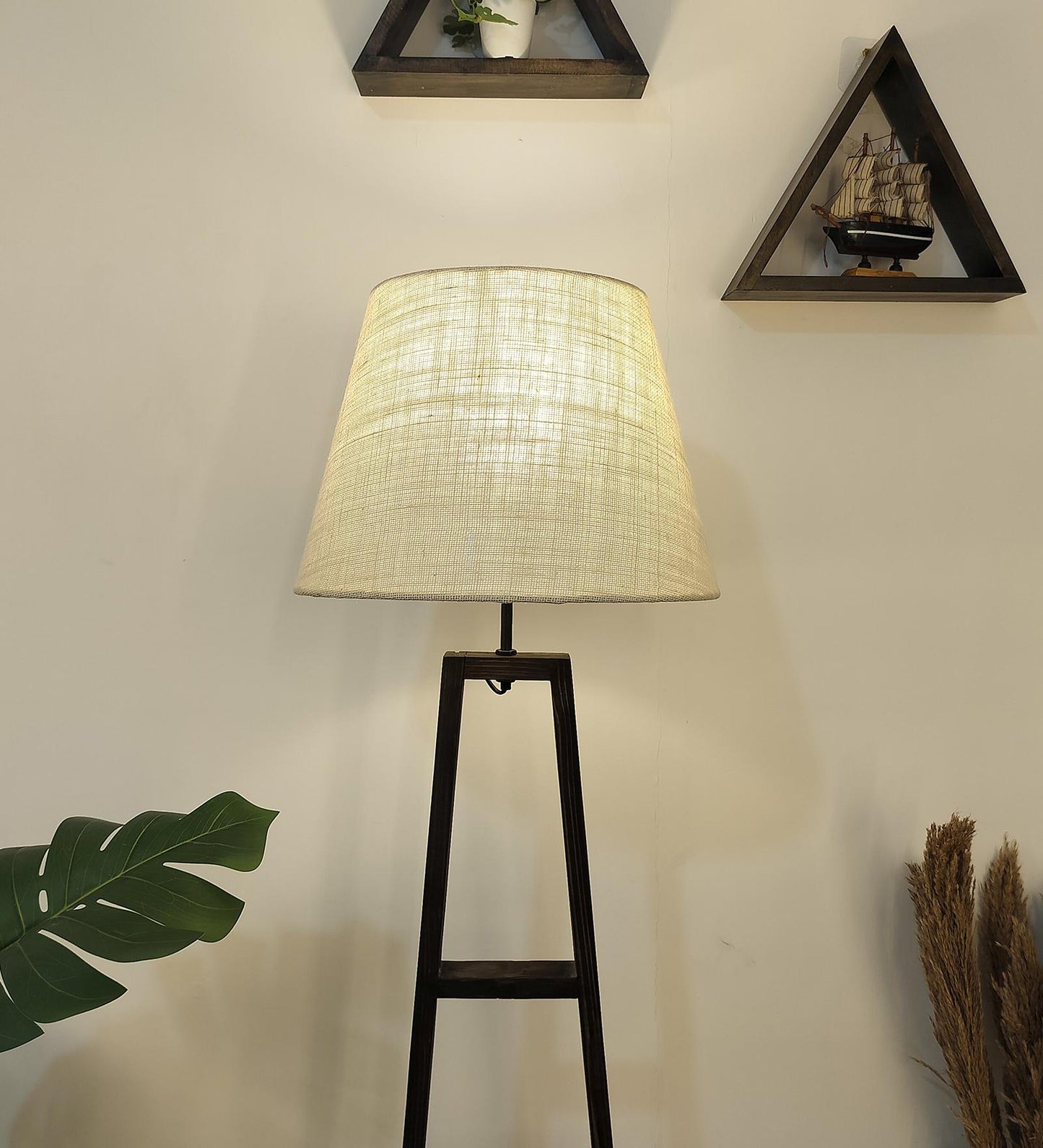 Tulip Wooden Floor Lamp with Brown Base and Beige Fabric Lampshade