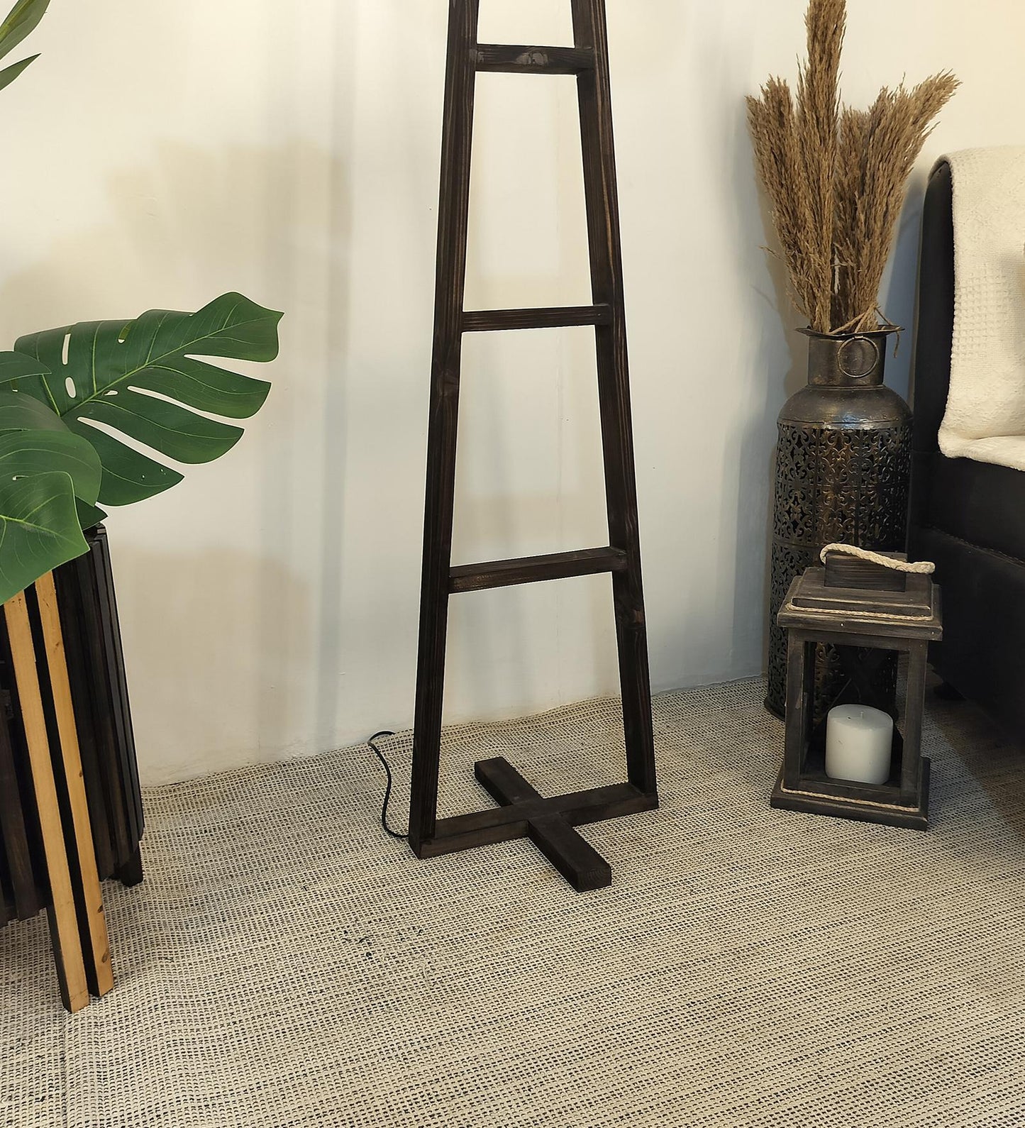Tulip Wooden Floor Lamp with Brown Base and Beige Fabric Lampshade