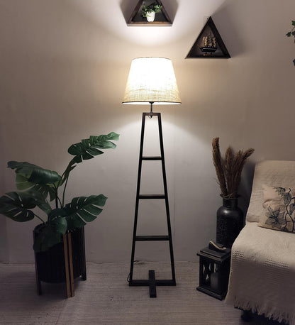 Tulip Wooden Floor Lamp with Brown Base and Beige Fabric Lampshade