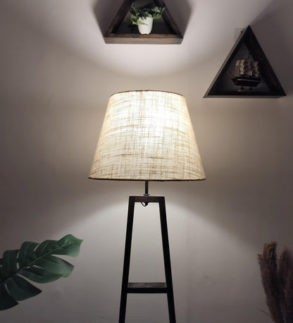 Tulip Wooden Floor Lamp with Brown Base and Beige Fabric Lampshade