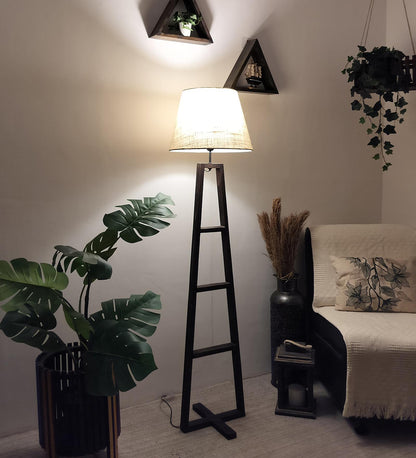 Tulip Wooden Floor Lamp with Brown Base and Beige Fabric Lampshade