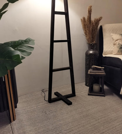 Tulip Wooden Floor Lamp with Brown Base and Beige Fabric Lampshade