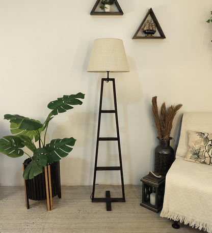 Tulip Wooden Floor Lamp with Brown Base and Beige Fabric Lampshade