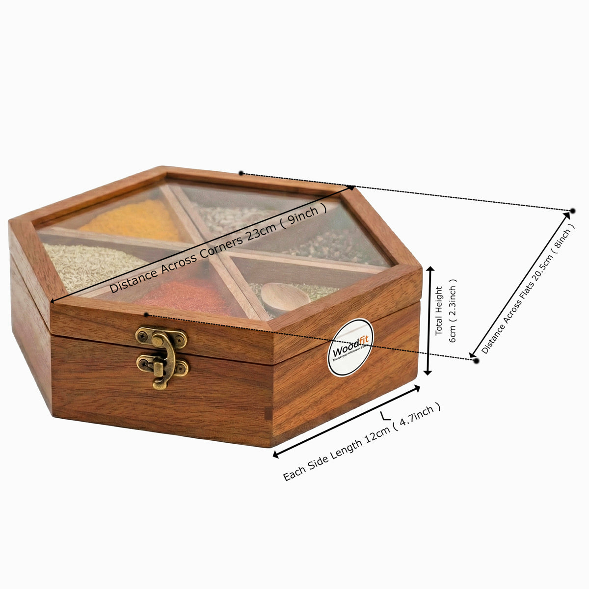 Woodfit Hexagonal Handcrafted Solid Sheesham Wood Masala Box with Glass Top and Brass Latch