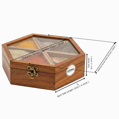 Woodfit Hexagonal Handcrafted Solid Sheesham Wood Masala Box with Glass Top and Brass Latch