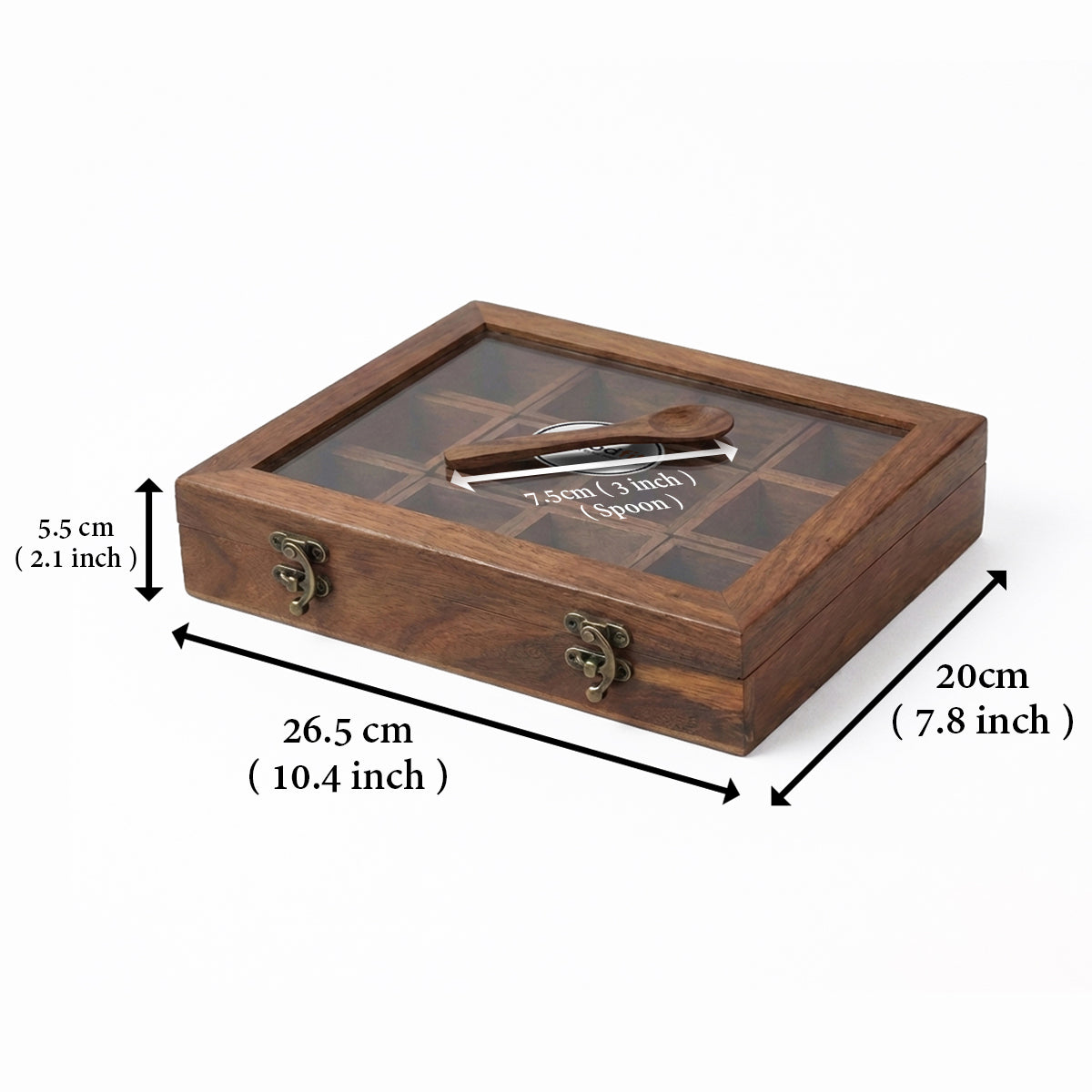 Woodfit Grand 12-Compartment Solid Sheesham Wood Masala Box with Glass Top and Wooden Spoon