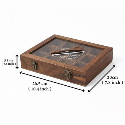 Woodfit Grand 12-Compartment Solid Sheesham Wood Masala Box with Glass Top and Wooden Spoon