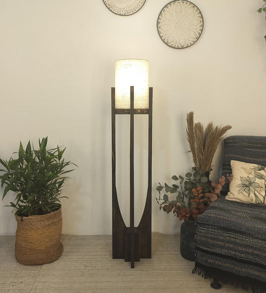 Just Wooden Floor Lamp with Brown Base and White Fabric Lampshade
