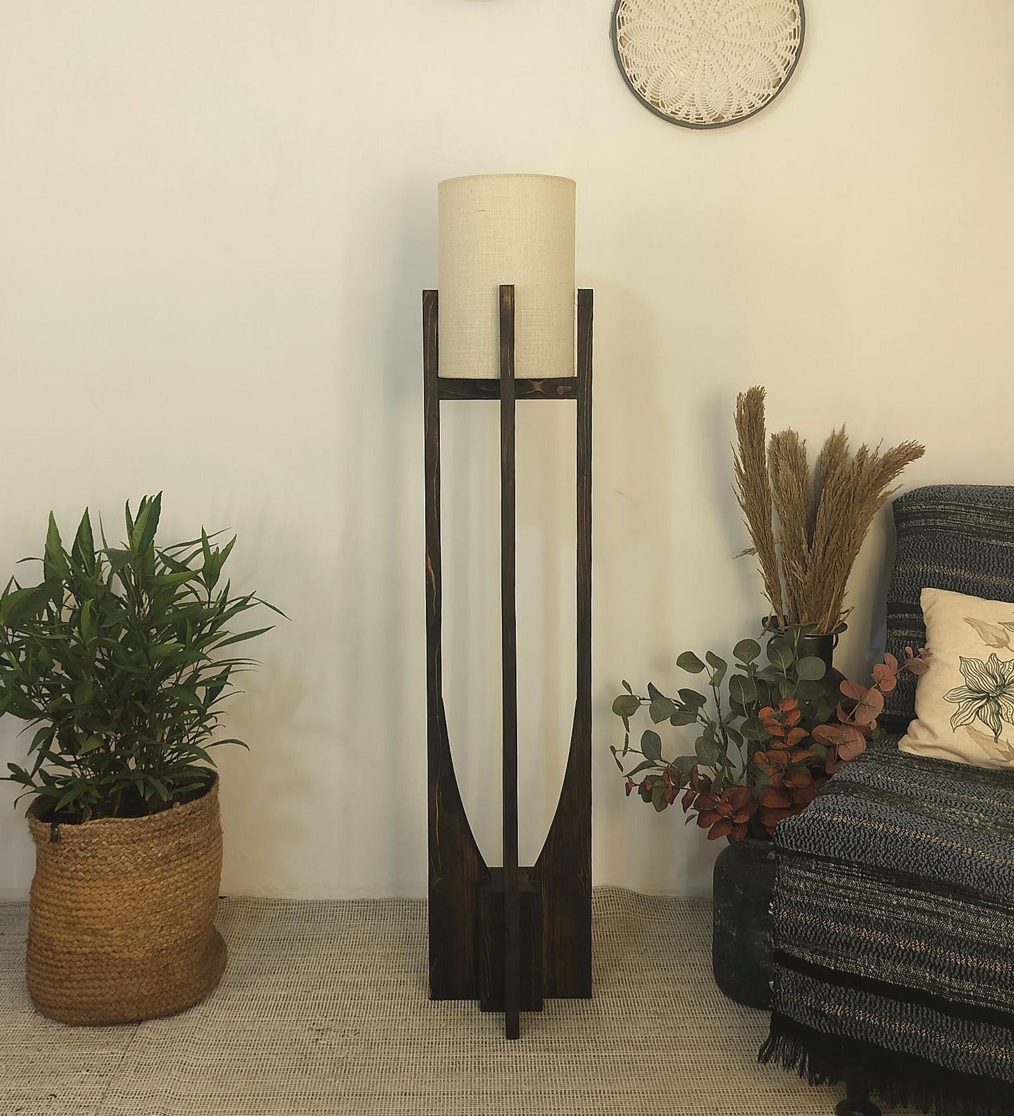 Just Wooden Floor Lamp with Brown Base and White Fabric Lampshade