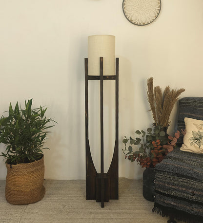 Just Wooden Floor Lamp with Brown Base and White Fabric Lampshade