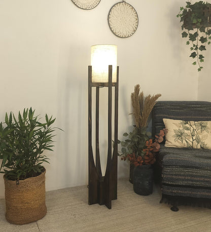 Just Wooden Floor Lamp with Brown Base and White Fabric Lampshade