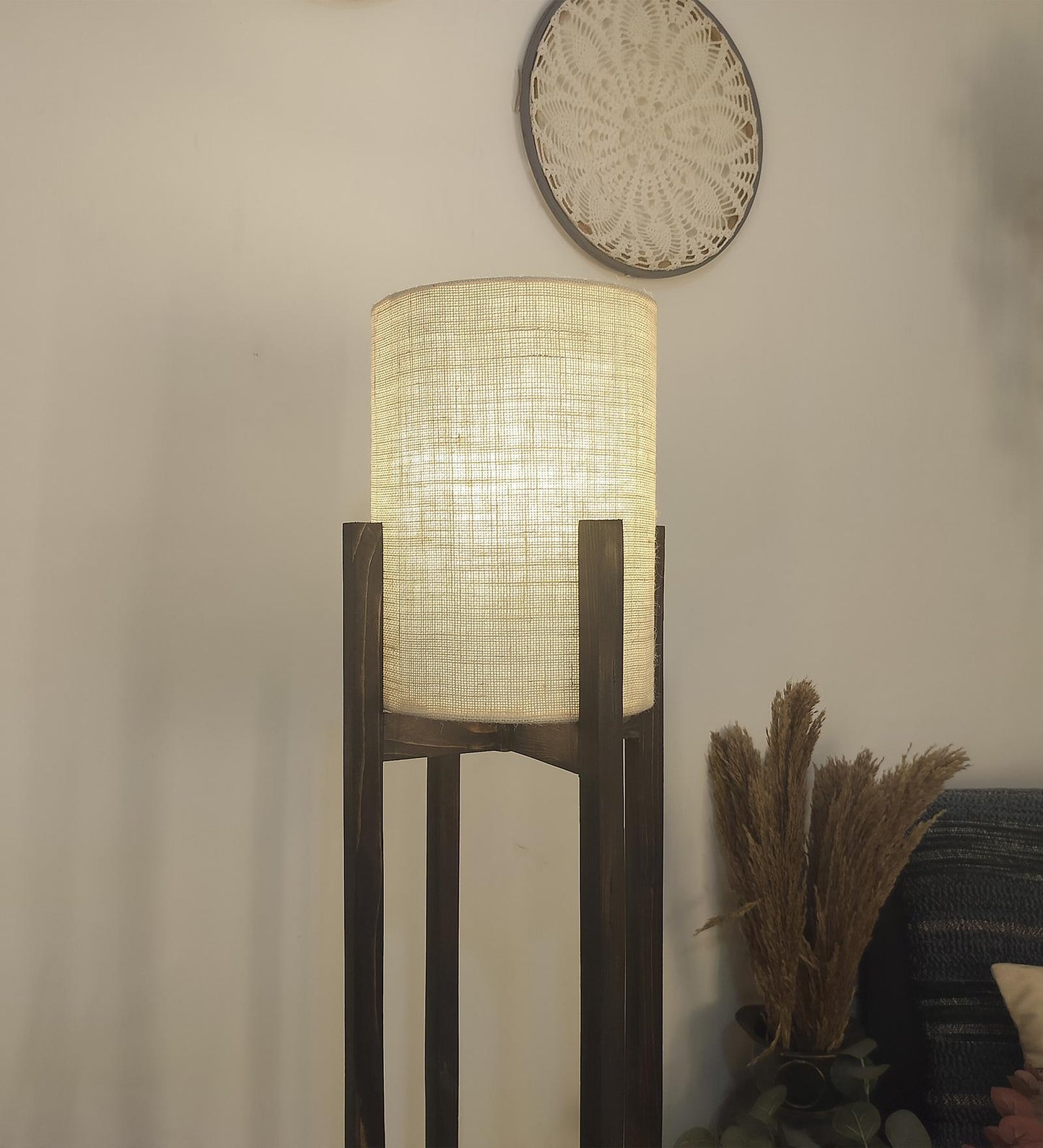 Just Wooden Floor Lamp with Brown Base and White Fabric Lampshade