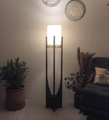 Just Wooden Floor Lamp with Brown Base and White Fabric Lampshade