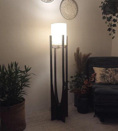 Just Wooden Floor Lamp with Brown Base and White Fabric Lampshade