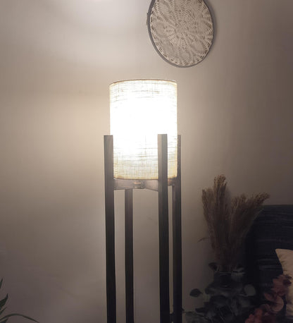 Just Wooden Floor Lamp with Brown Base and White Fabric Lampshade