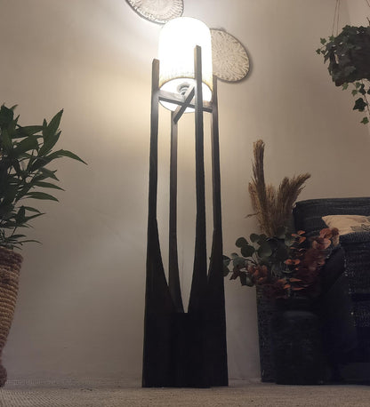 Just Wooden Floor Lamp with Brown Base and White Fabric Lampshade