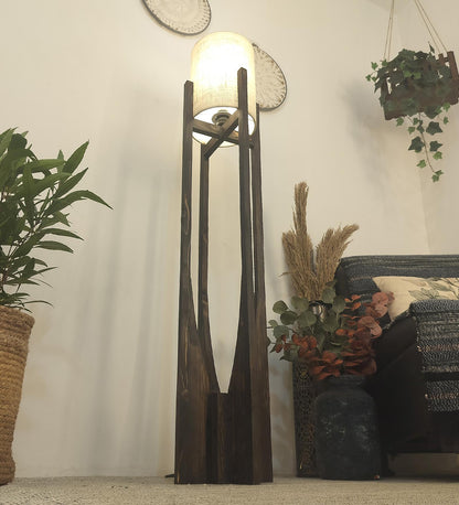 Just Wooden Floor Lamp with Brown Base and White Fabric Lampshade