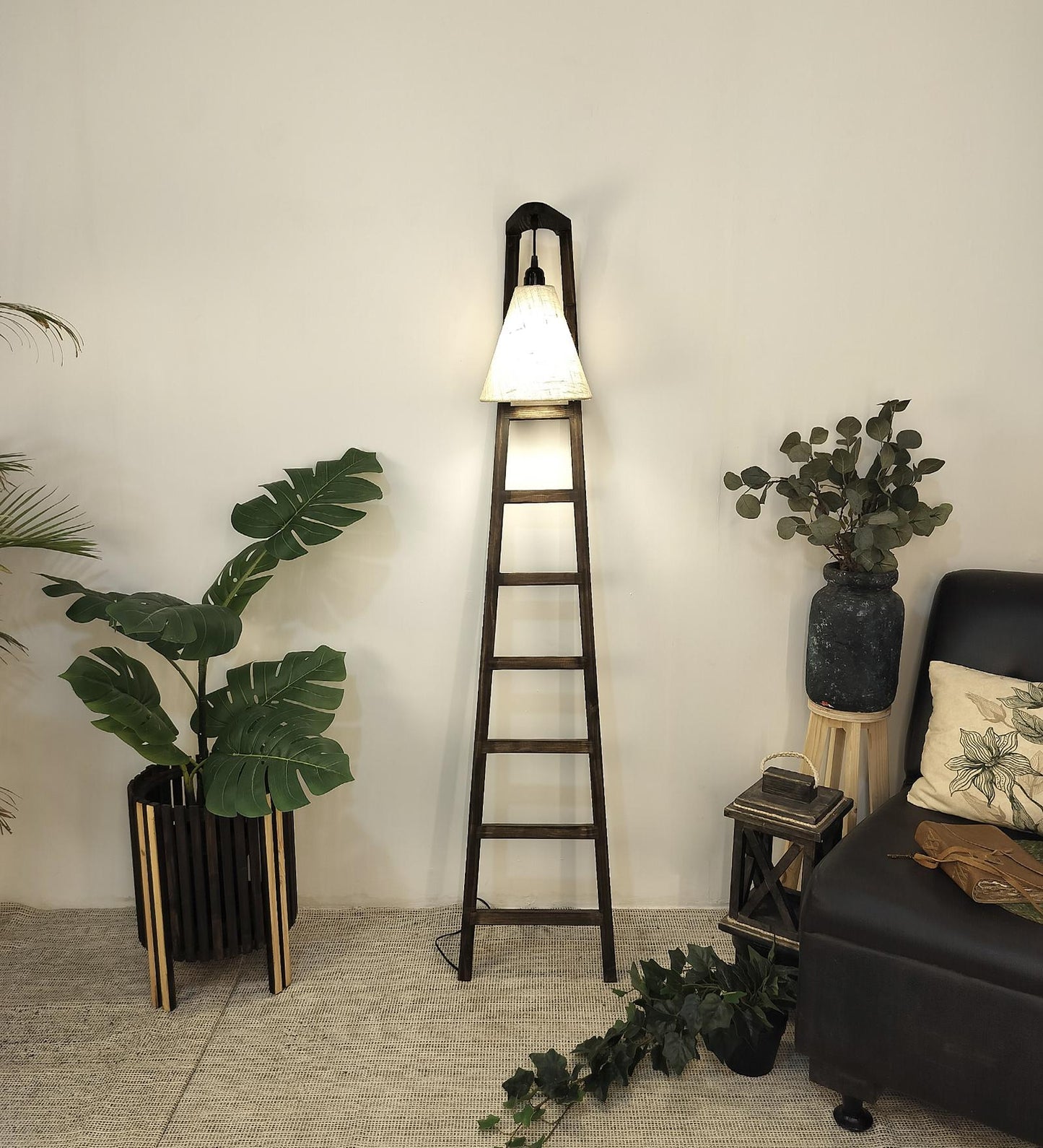 Yore Wooden Floor Lamp with Brown Base and Jute Fabric Lampshade