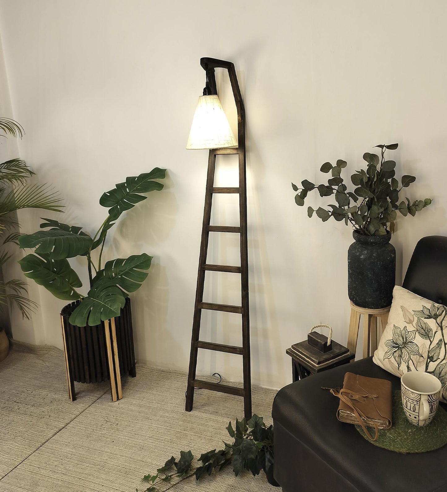 Yore Wooden Floor Lamp with Brown Base and Jute Fabric Lampshade
