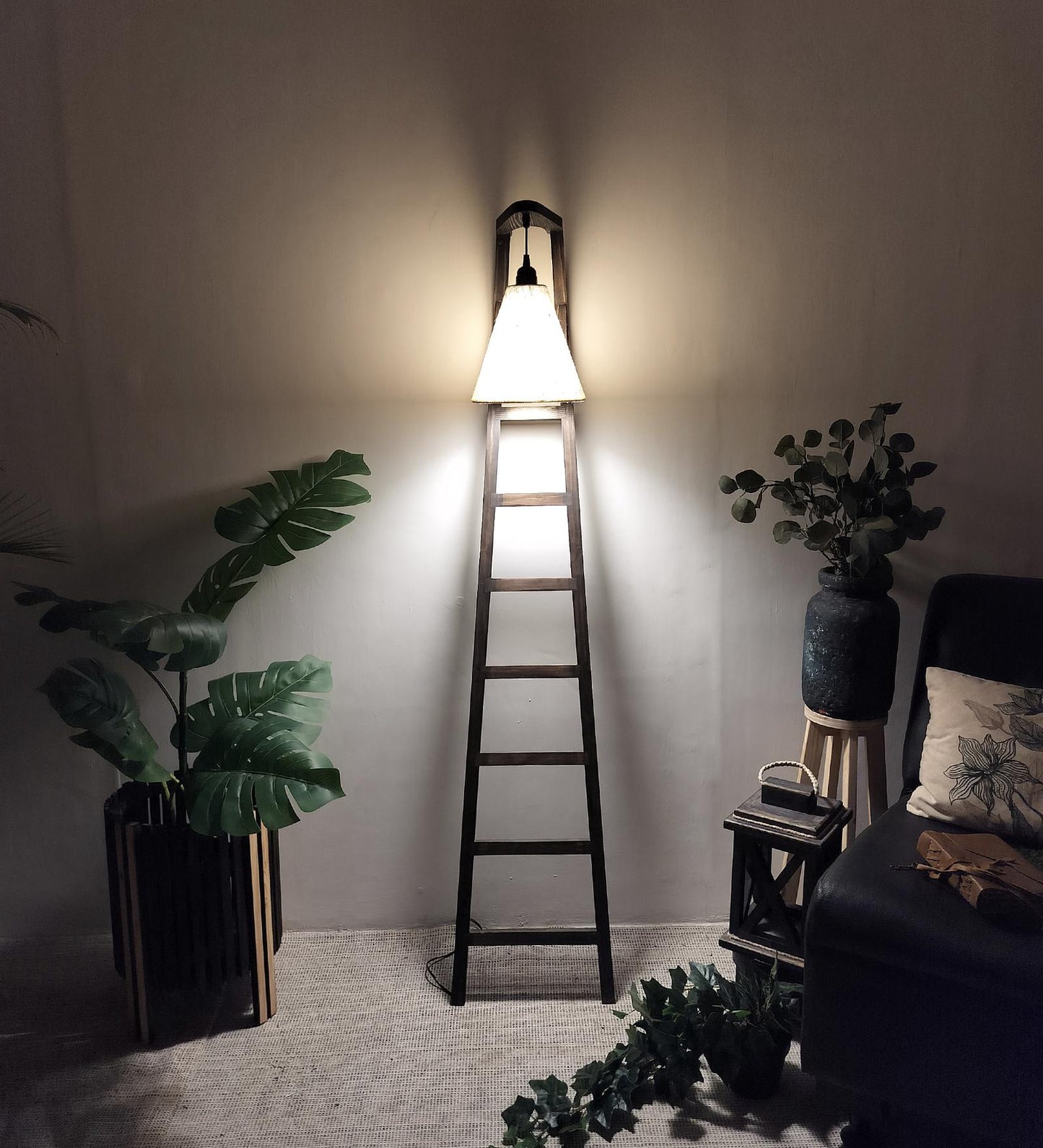 Yore Wooden Floor Lamp with Brown Base and Jute Fabric Lampshade