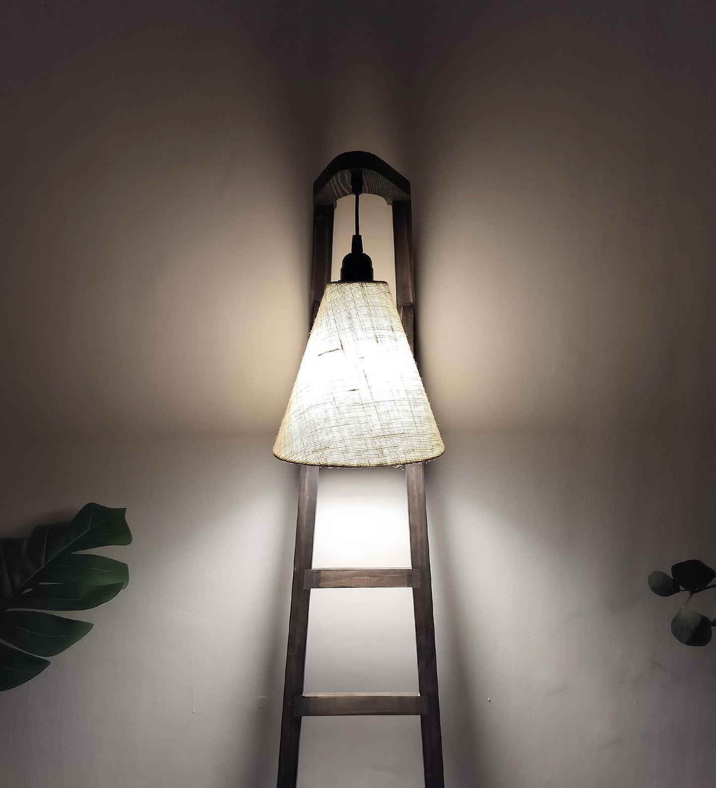Yore Wooden Floor Lamp with Brown Base and Jute Fabric Lampshade