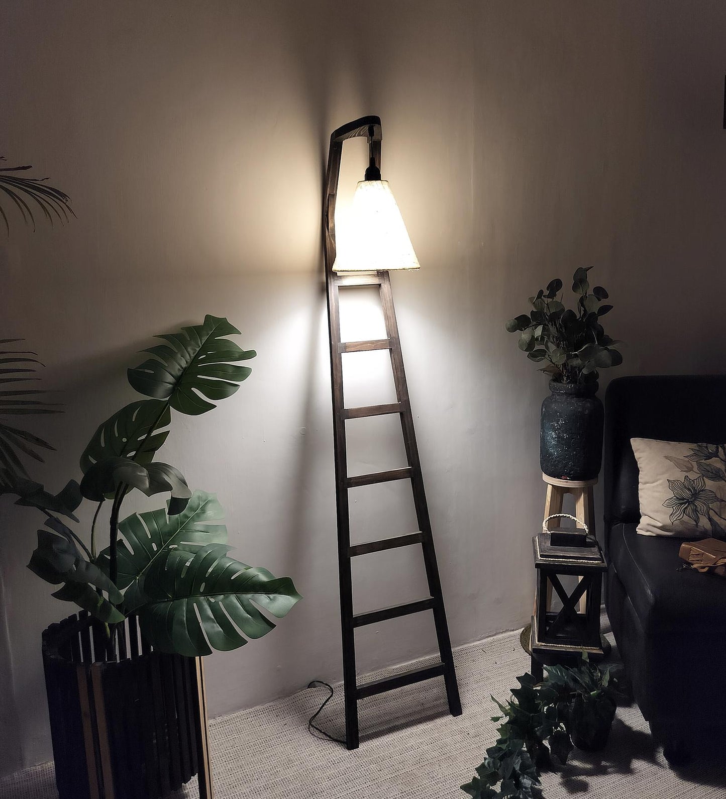 Yore Wooden Floor Lamp with Brown Base and Jute Fabric Lampshade