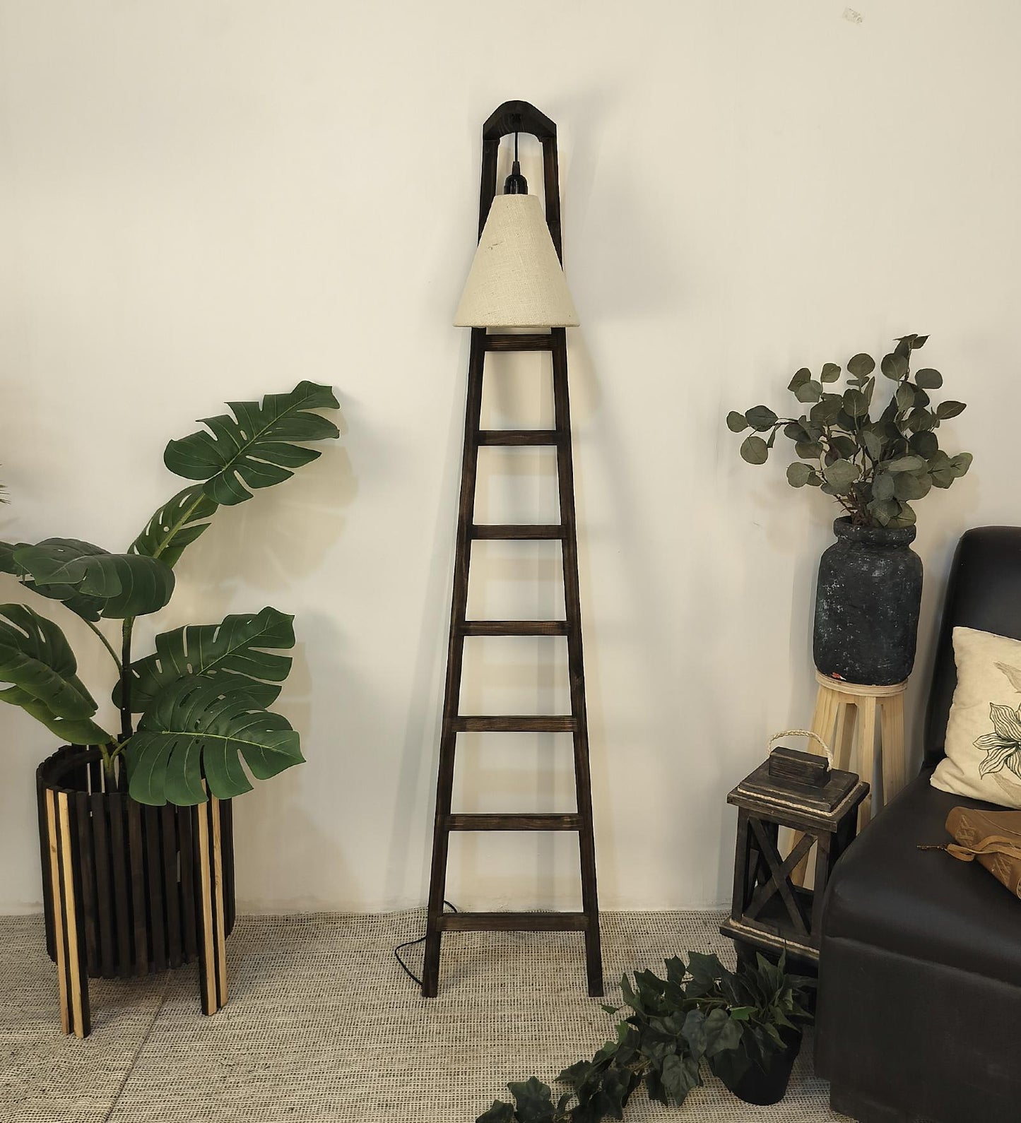 Yore Wooden Floor Lamp with Brown Base and Jute Fabric Lampshade