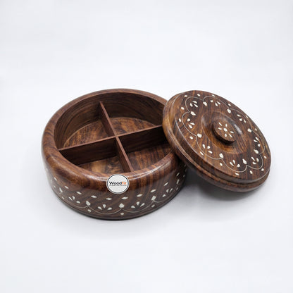 Solid Sheesham Wood Multi-Purpose Masala & Dry Fruit Box with Floral Inlay Work