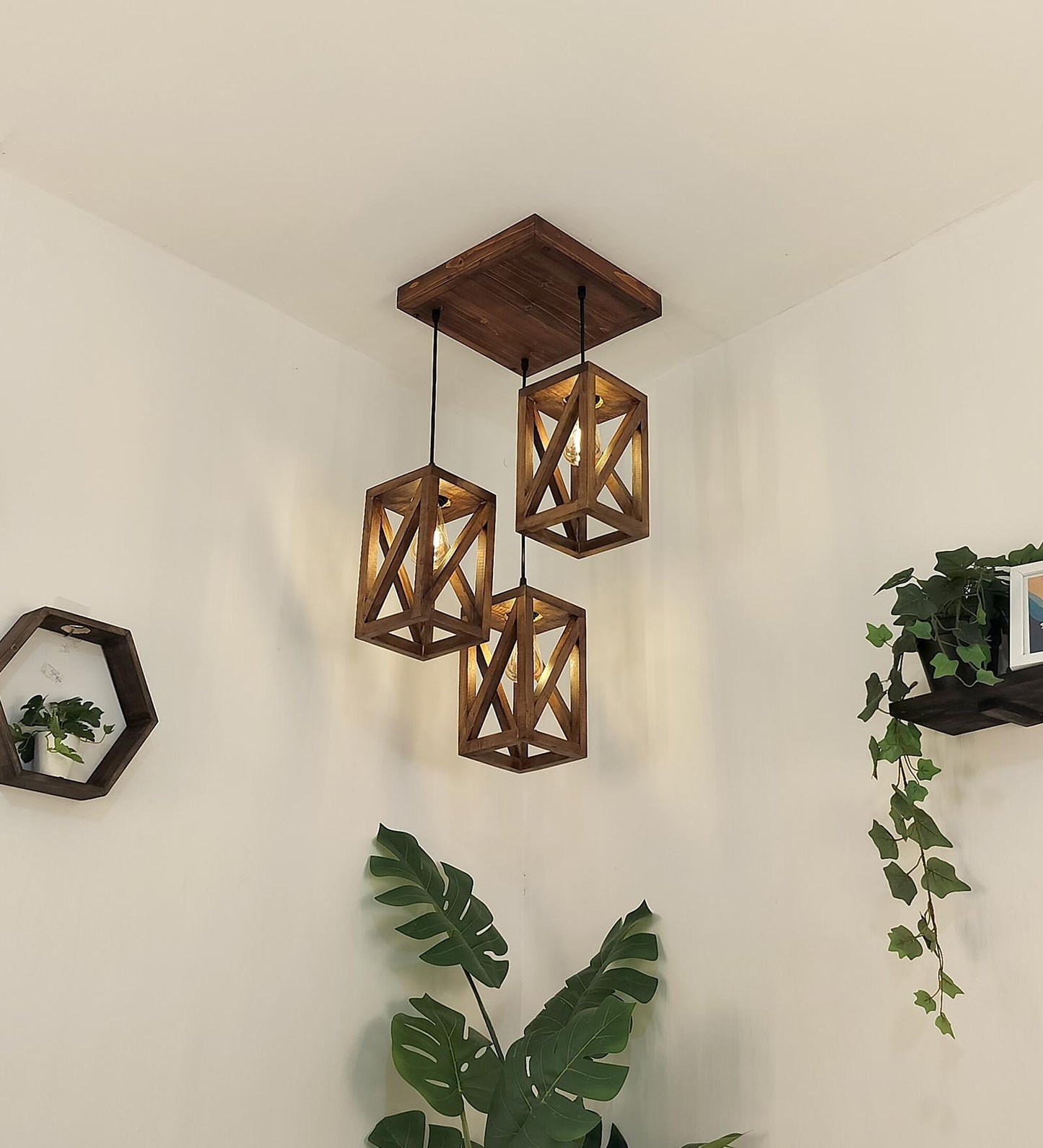 Teach Brown Wooden Cluster hanging Lamp