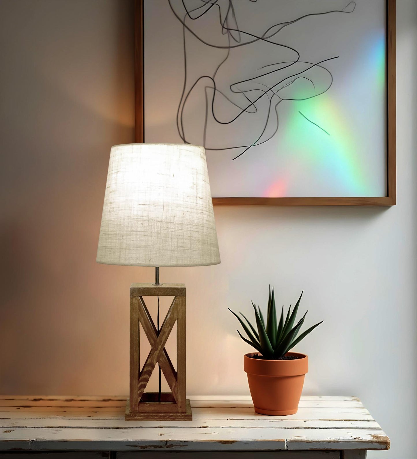 Teach Brown Wooden Table Lamp with Jute Lampshade