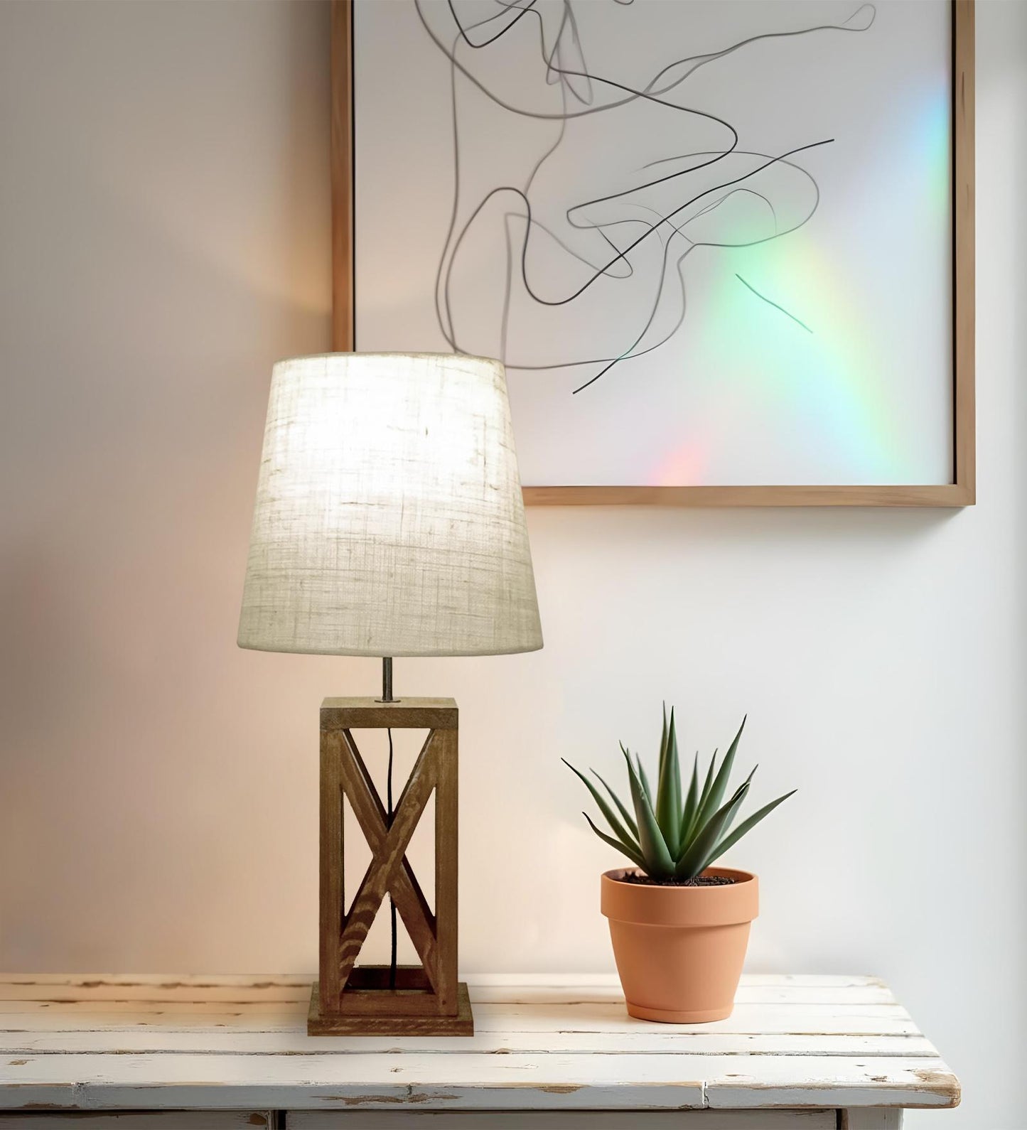 Teach Brown Wooden Table Lamp with Jute Lampshade