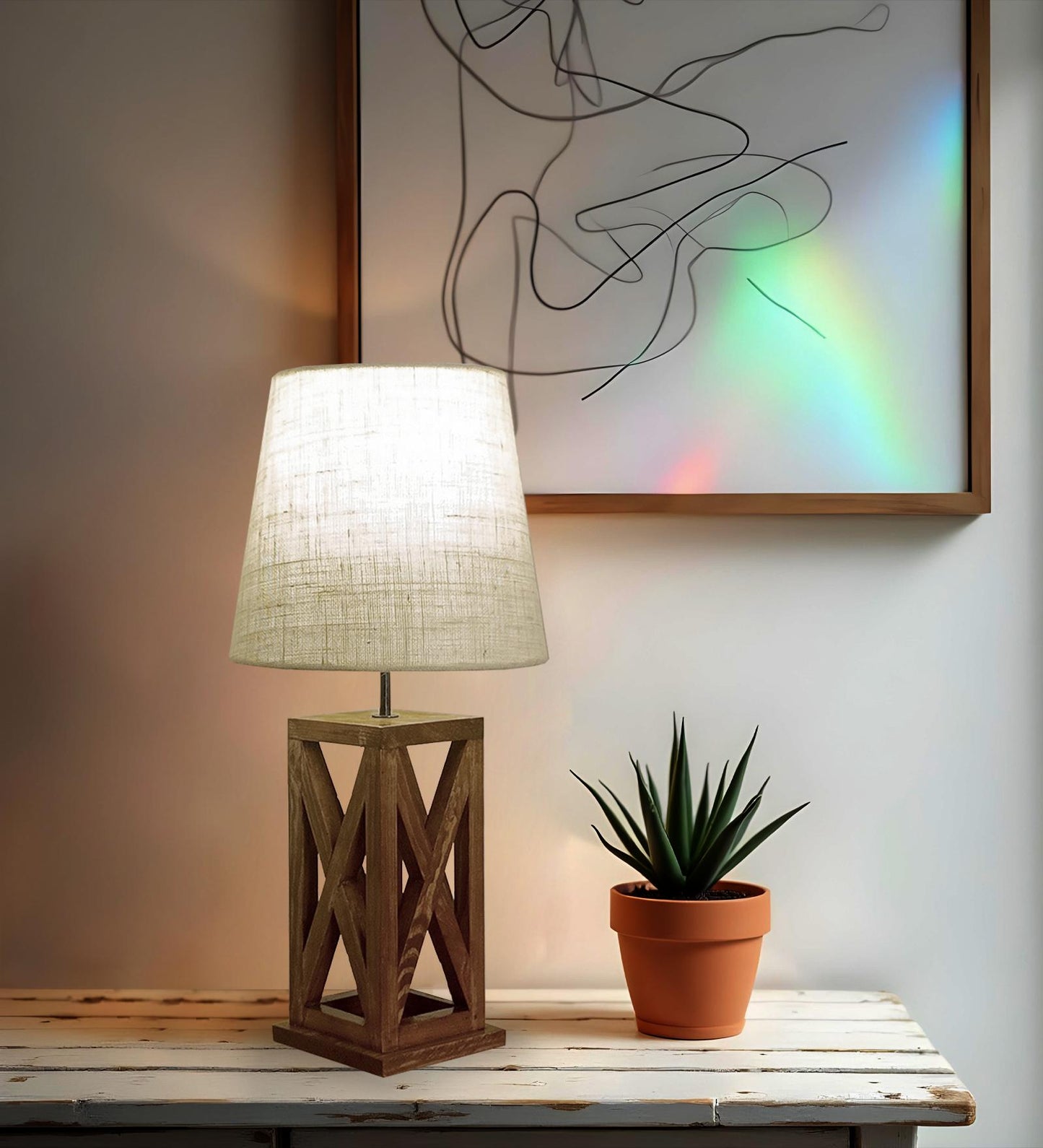 Teach Brown Wooden Table Lamp with Jute Lampshade