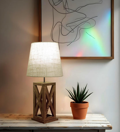 Teach Brown Wooden Table Lamp with Jute Lampshade