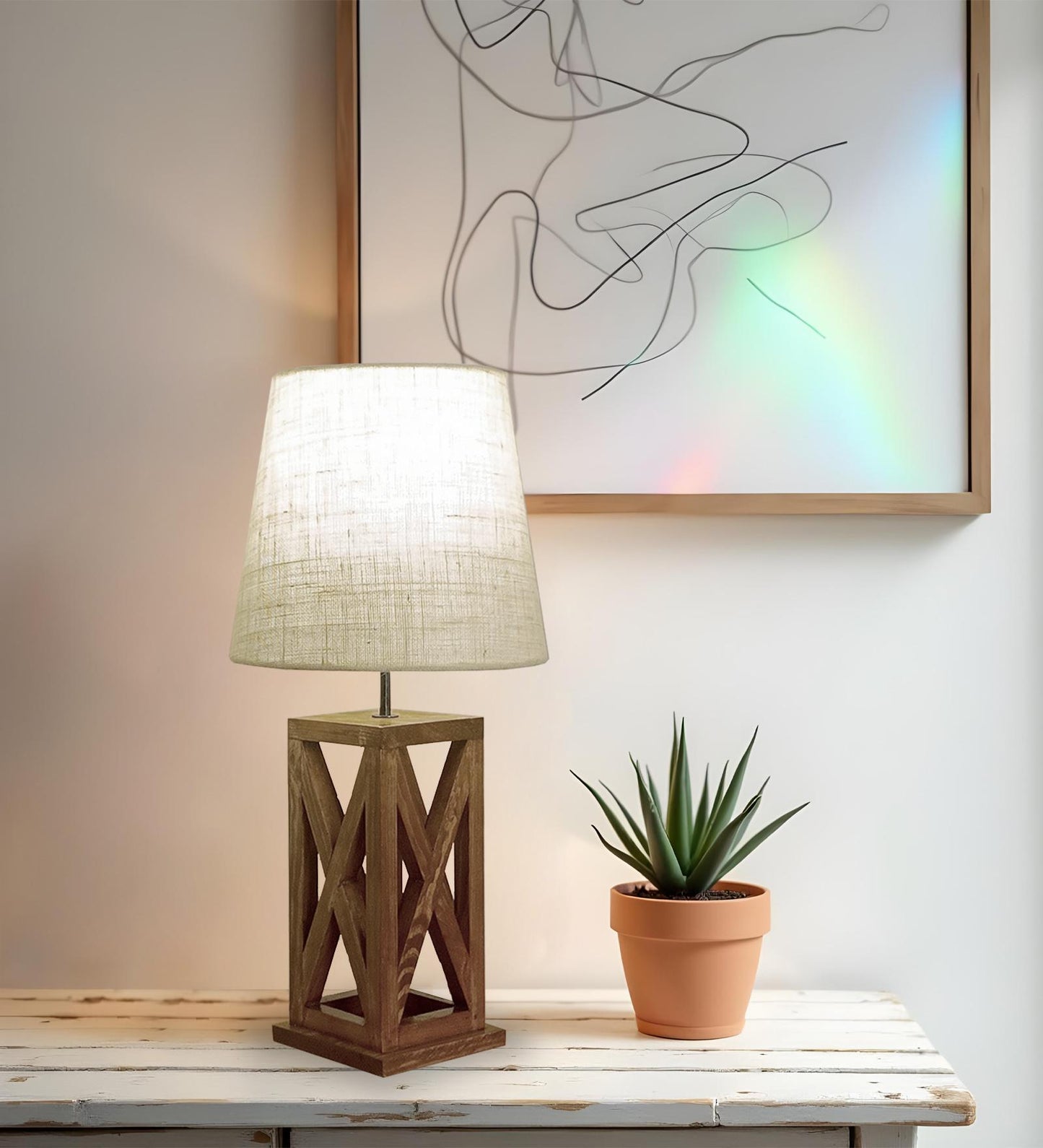 Teach Brown Wooden Table Lamp with Jute Lampshade