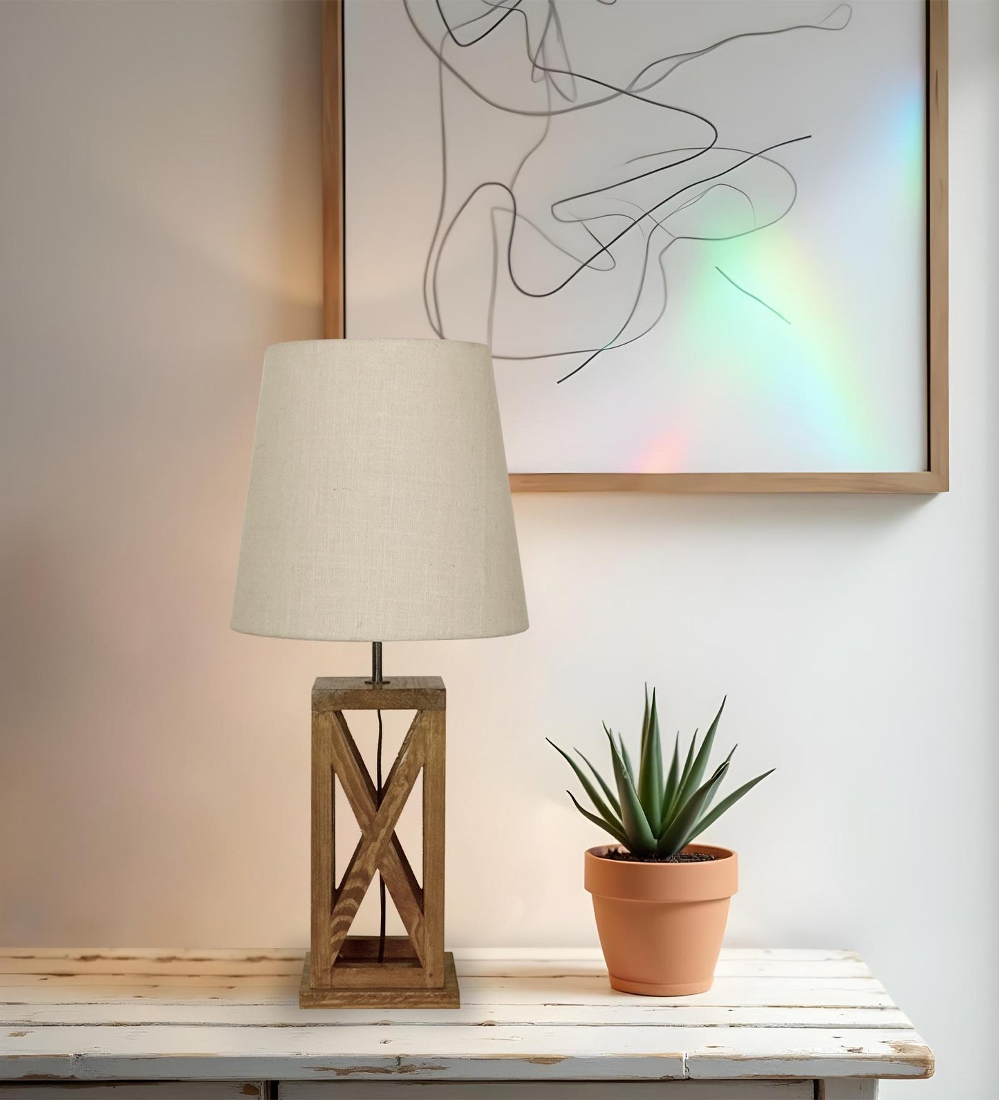 Teach Brown Wooden Table Lamp with Jute Lampshade