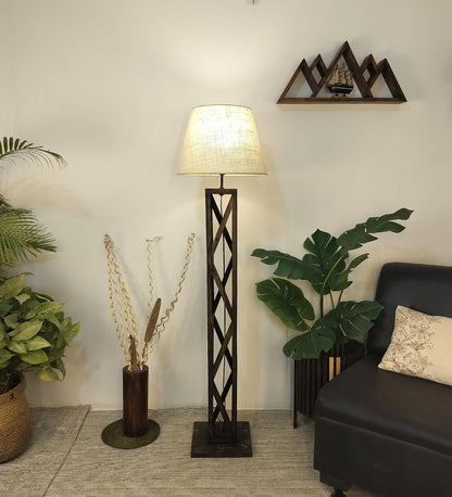Teach Wooden Floor Lamp with Premium Beige Fabric Lampshade