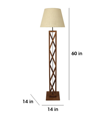 Teach Wooden Floor Lamp with Premium Beige Fabric Lampshade