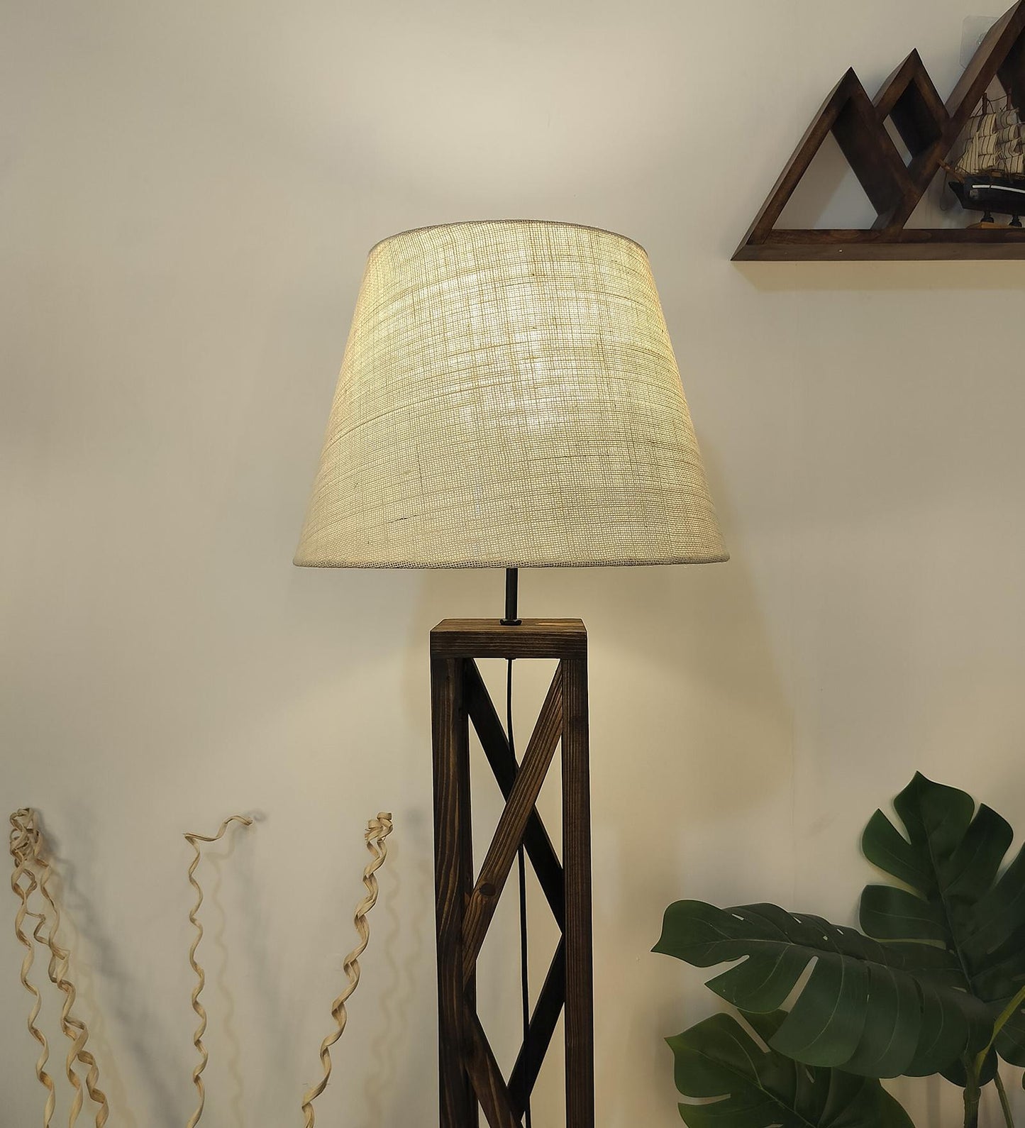 Teach Wooden Floor Lamp with Premium Beige Fabric Lampshade