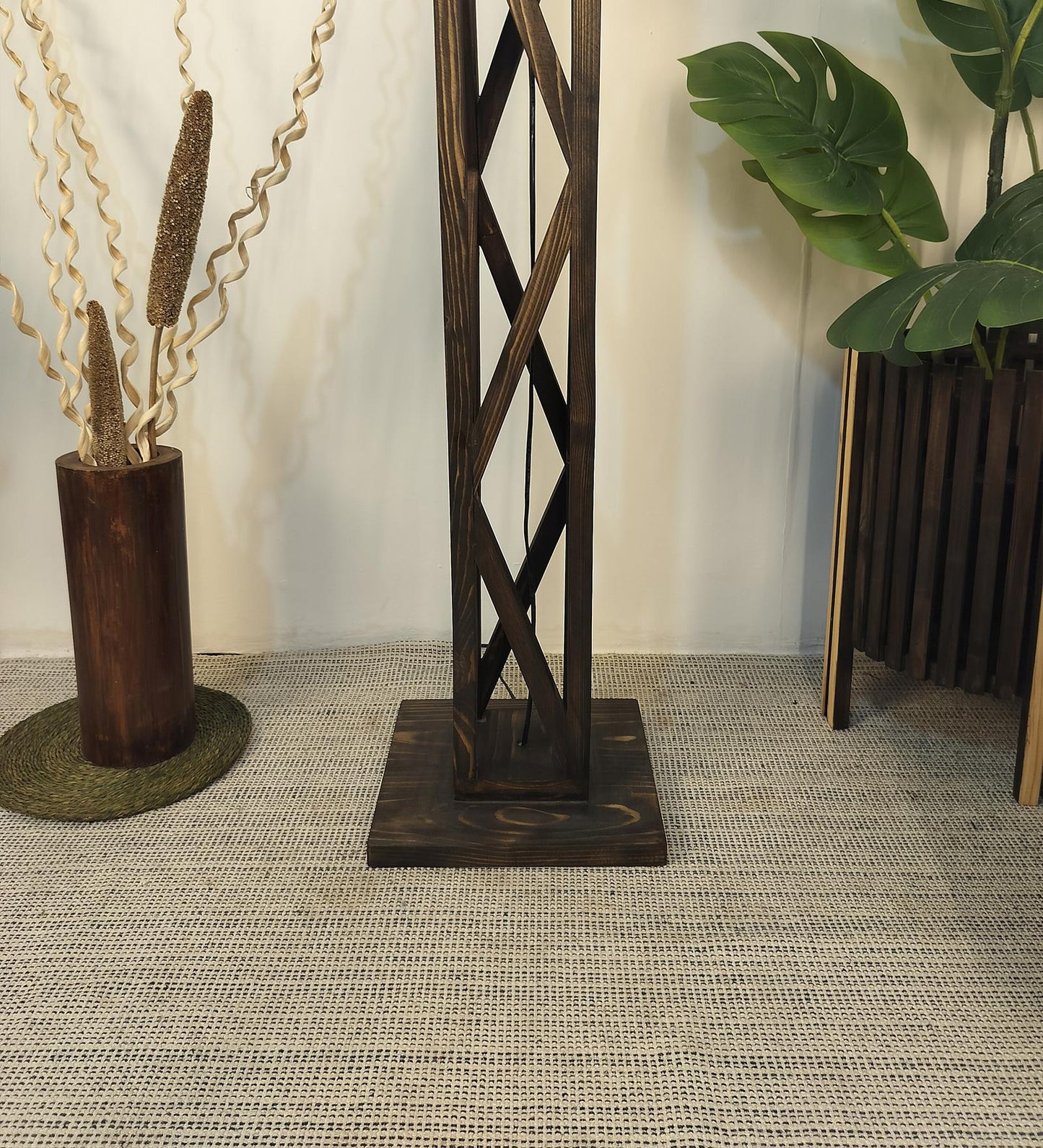Teach Wooden Floor Lamp with Premium Beige Fabric Lampshade